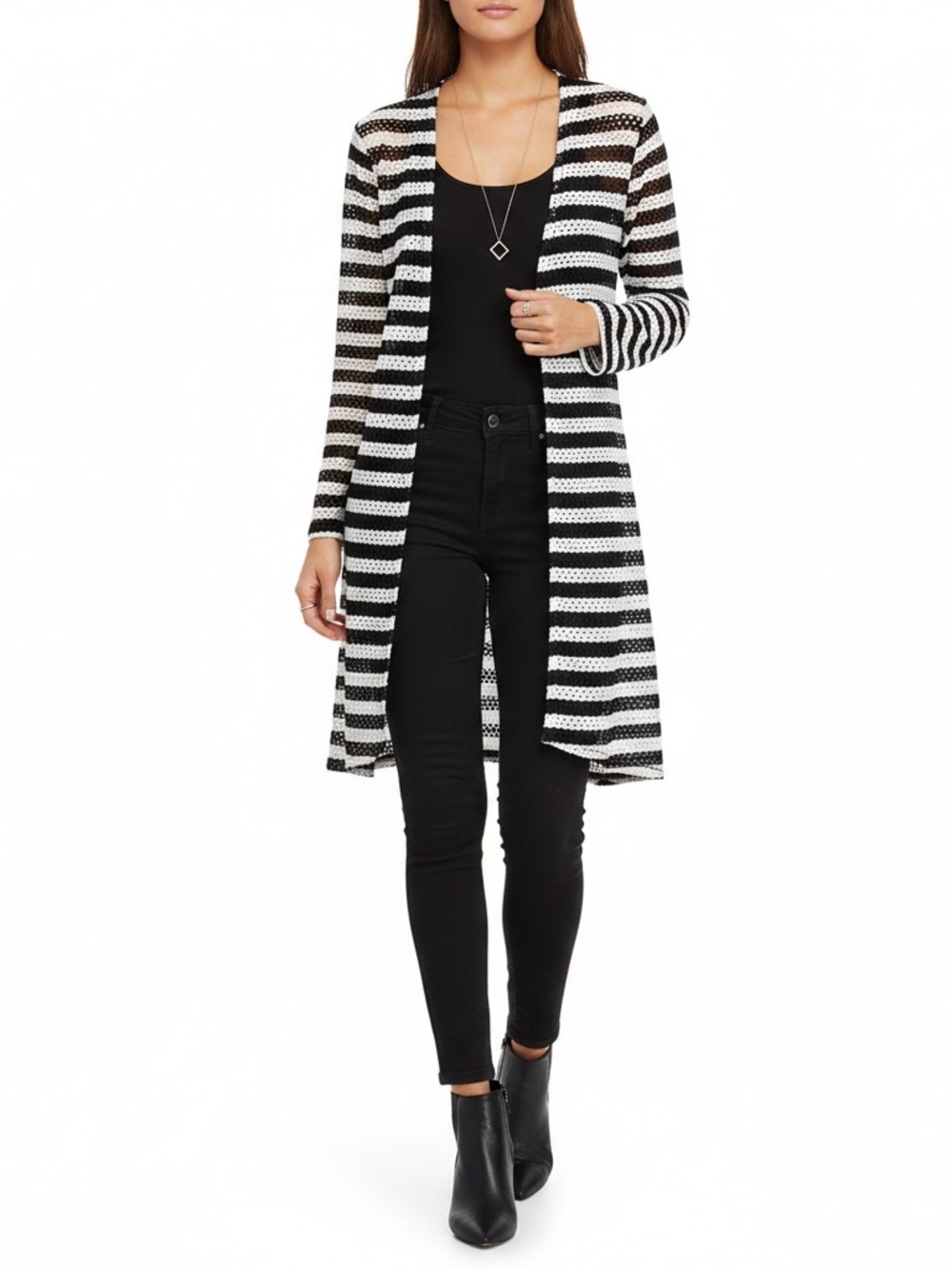 Chico's Black & White Striped Open-Front Long Cardigan